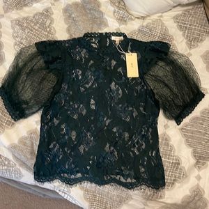 Peach Love California Forest Green Lace Puffy Sleeve Blouse